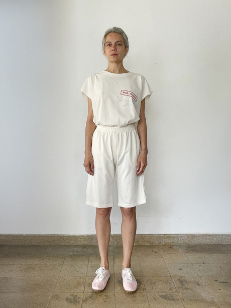  Cream Color Bermuda Shorts with a Side Stripe Detail