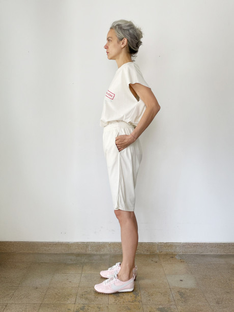  Cream Color Bermuda Shorts with a Side Stripe Detail