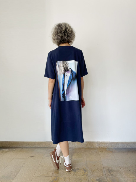 A Line Printed Navy Blue Dress #2021