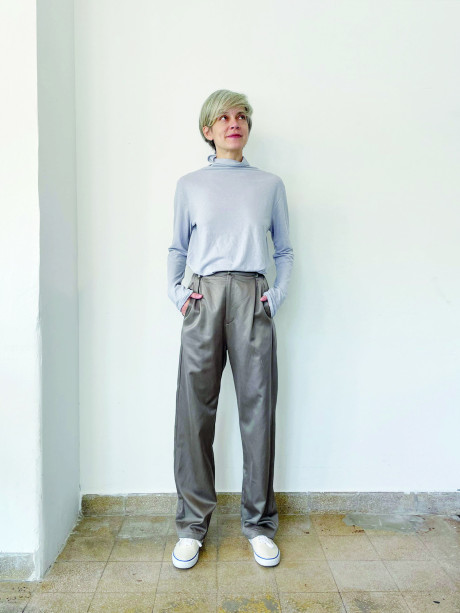 Shiny Greenish/Grey Pleated Pants