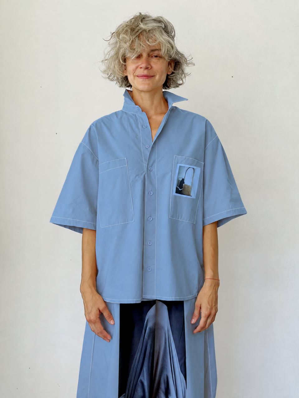 Bright Blue Buttoned Shirt with a Polaroid Print - SAMPLE