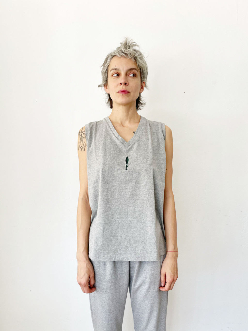 Melange Grey Figure V Neck Top