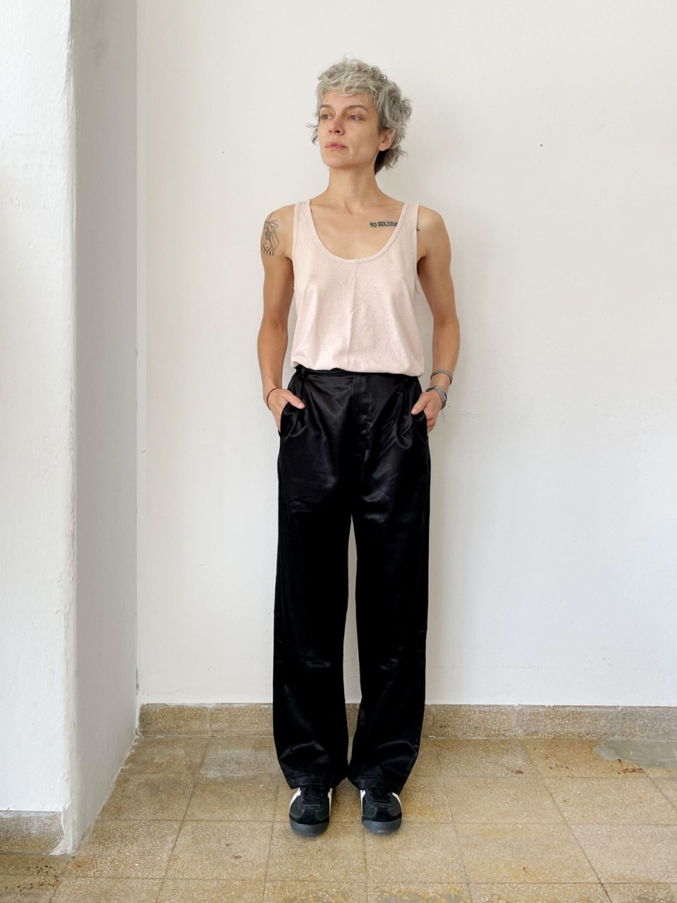 Shiny Black Pleated Pants